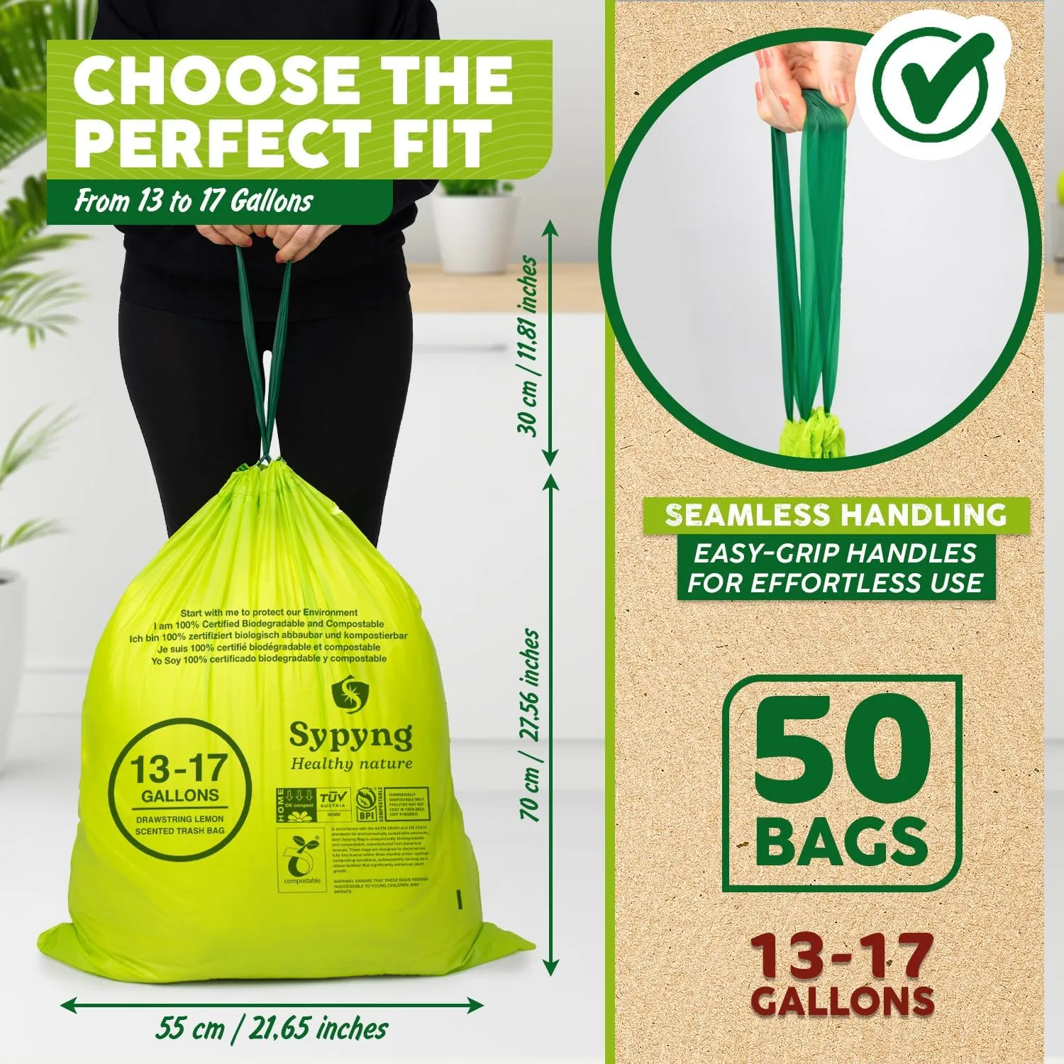 100% Biodegradable & Recyclable 13-17 Gallon Compost bags,Drawstring with Heavy Duty Garbage Bags 50 Counts