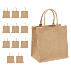 12 Pack of Natural Burlap Tote Bags with Handles 12 x 12 x 7.7 Inches for Groceries, Shopping, Beach, DIY Crafts, Art Projects, Bachelorette Party, Reusable Bulk Set