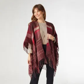 Brooke Plaid Cardigan with Double Fringe - Wine Plaid