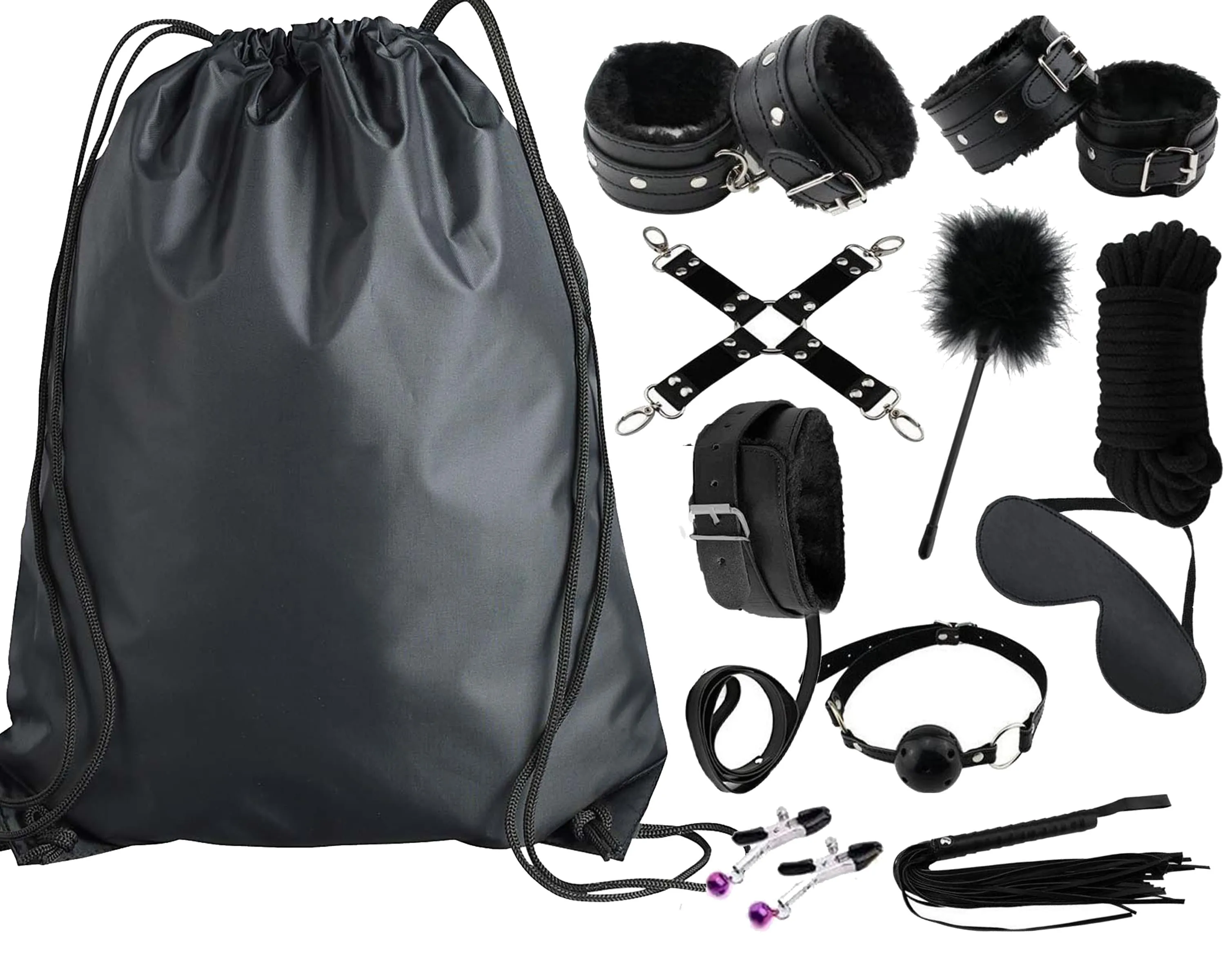 Daddy's Toy Bag Beginners Bondage Kit (Black) Daddy Master DDLG BDSM CGLG Submissive Dominant Rope Cuffs Leash Whip Nipple Clamps