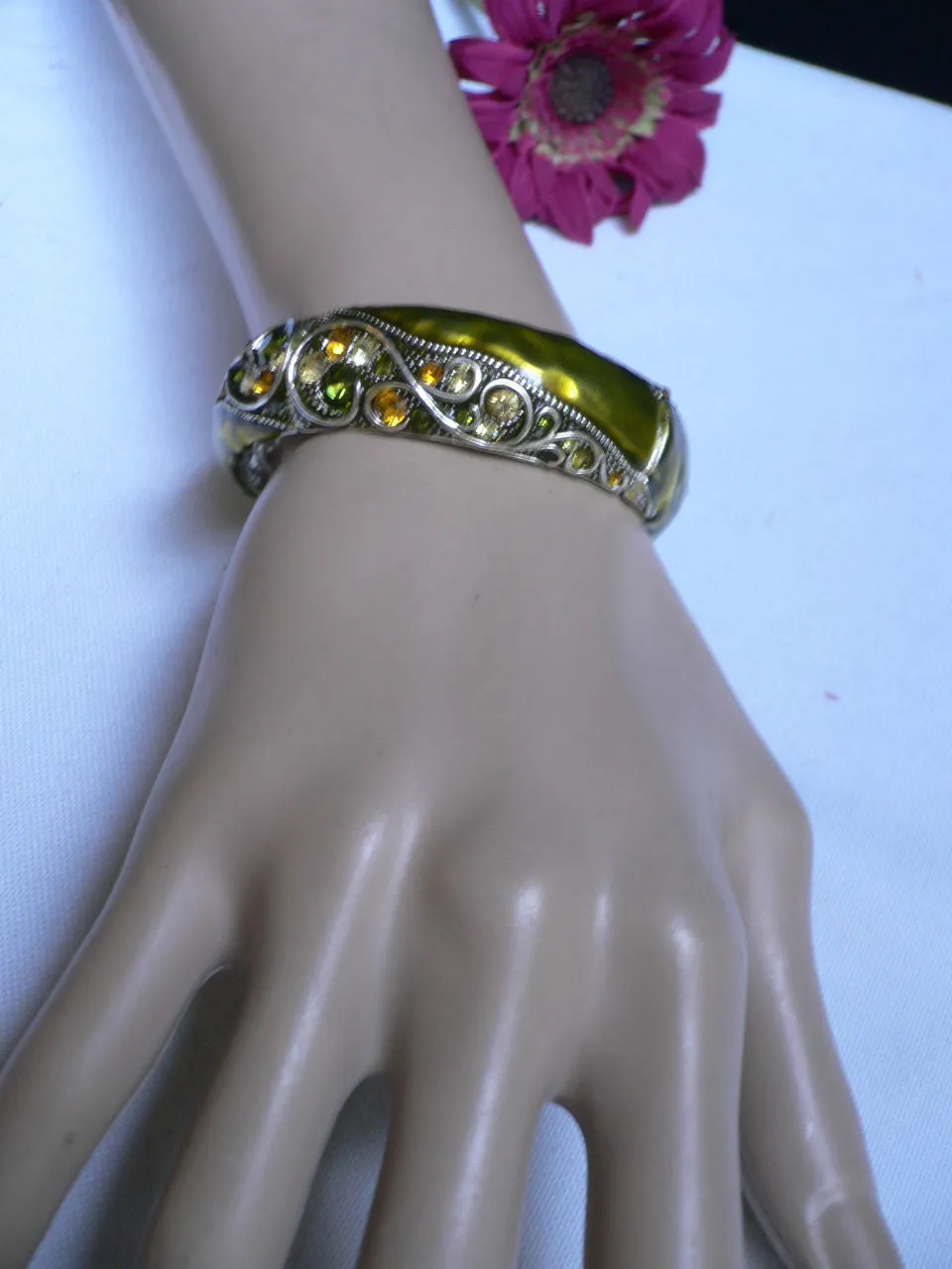 Green Antique Silver Metal Elastic Bracelet Old Olive Green Leave Rhinestone Trendy