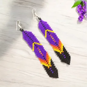 Purple Beaded Feather Earrings