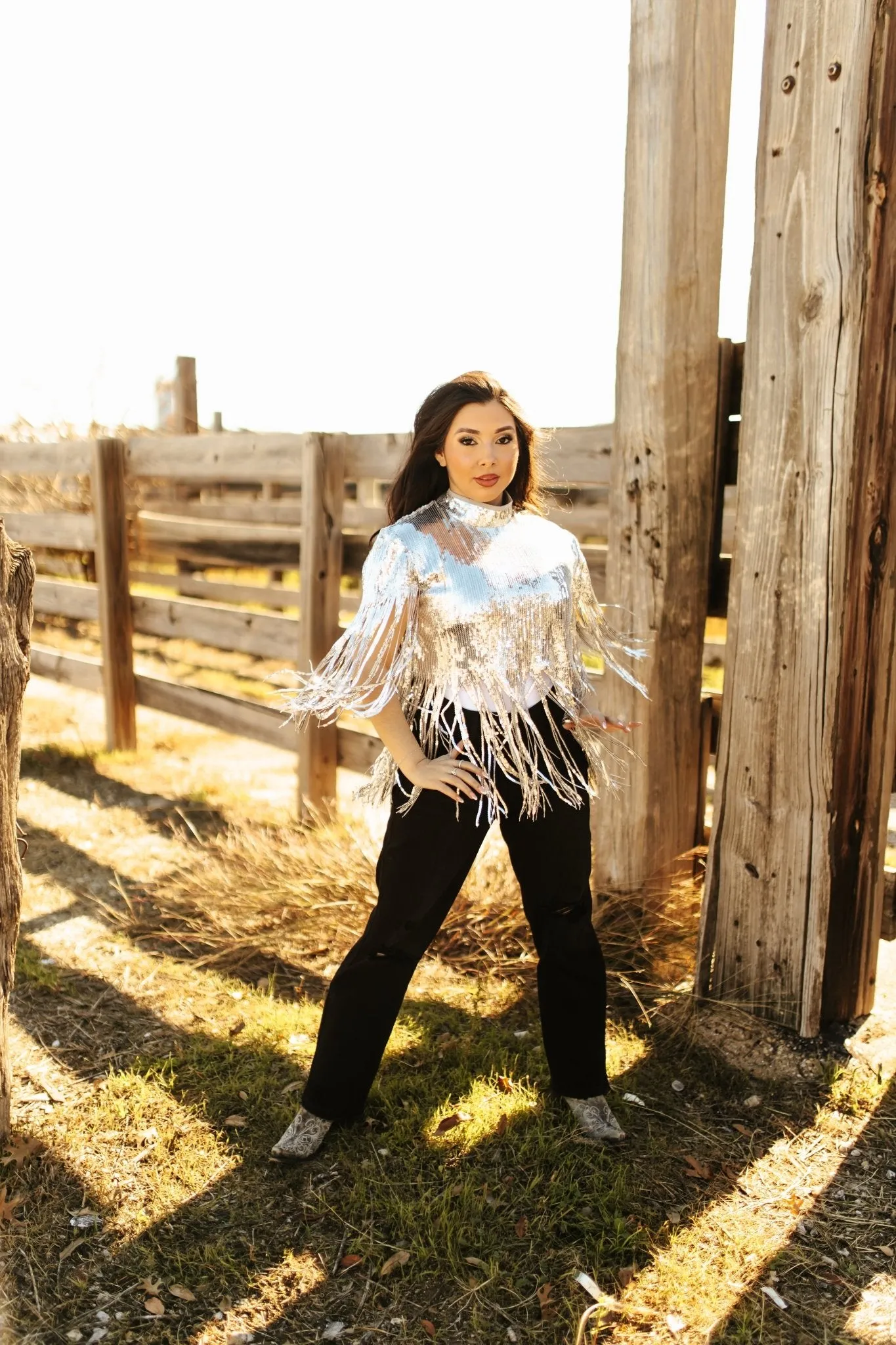 Sequin Fringe Poncho Top - Silver