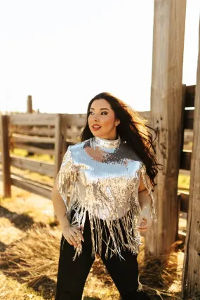 Sequin Fringe Poncho Top - Silver